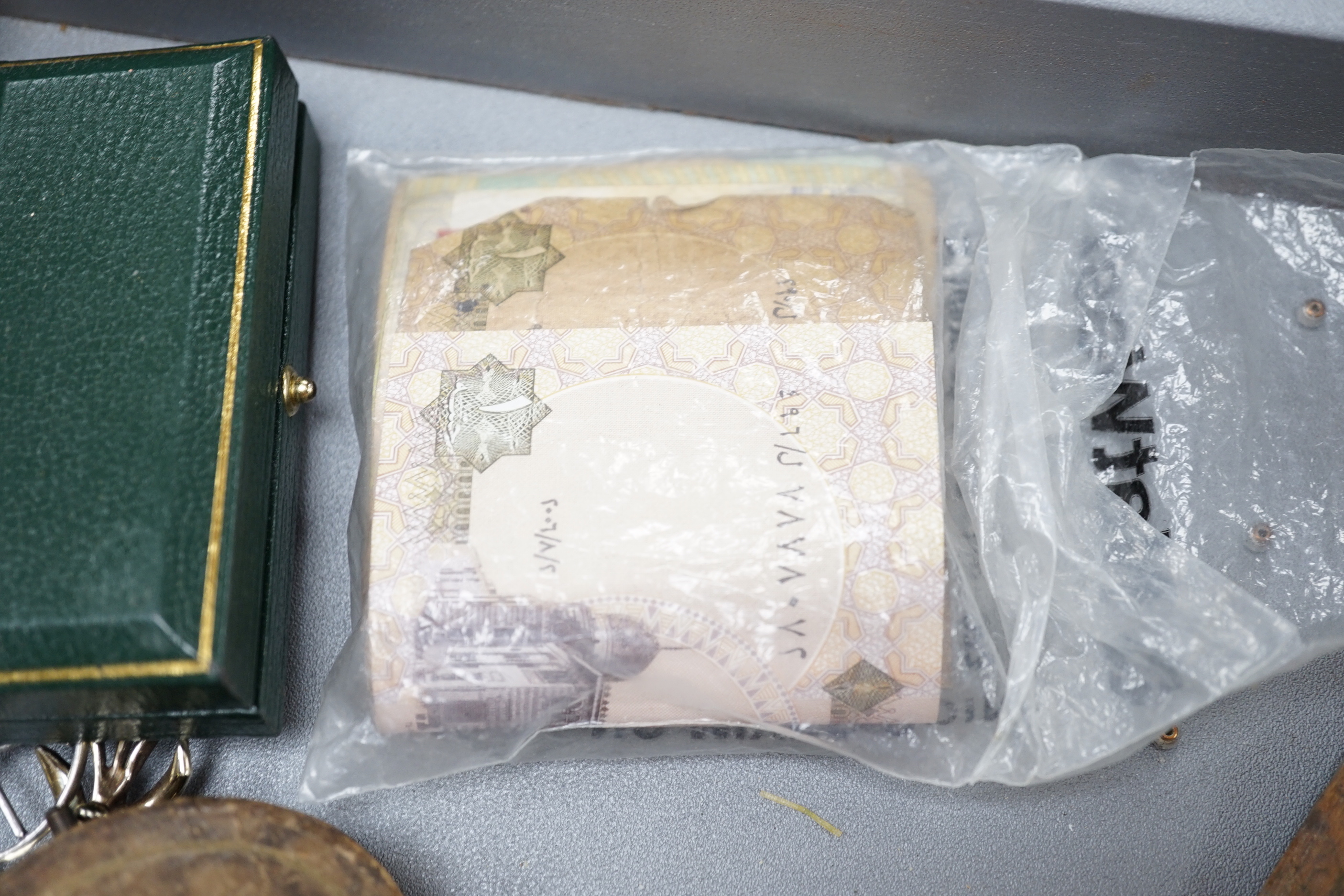 A small quantity of costume jewellery and other items including banknotes, a late Victorian silver and Scottish hardstone set book mark, button hook and pair of silver cufflinks.